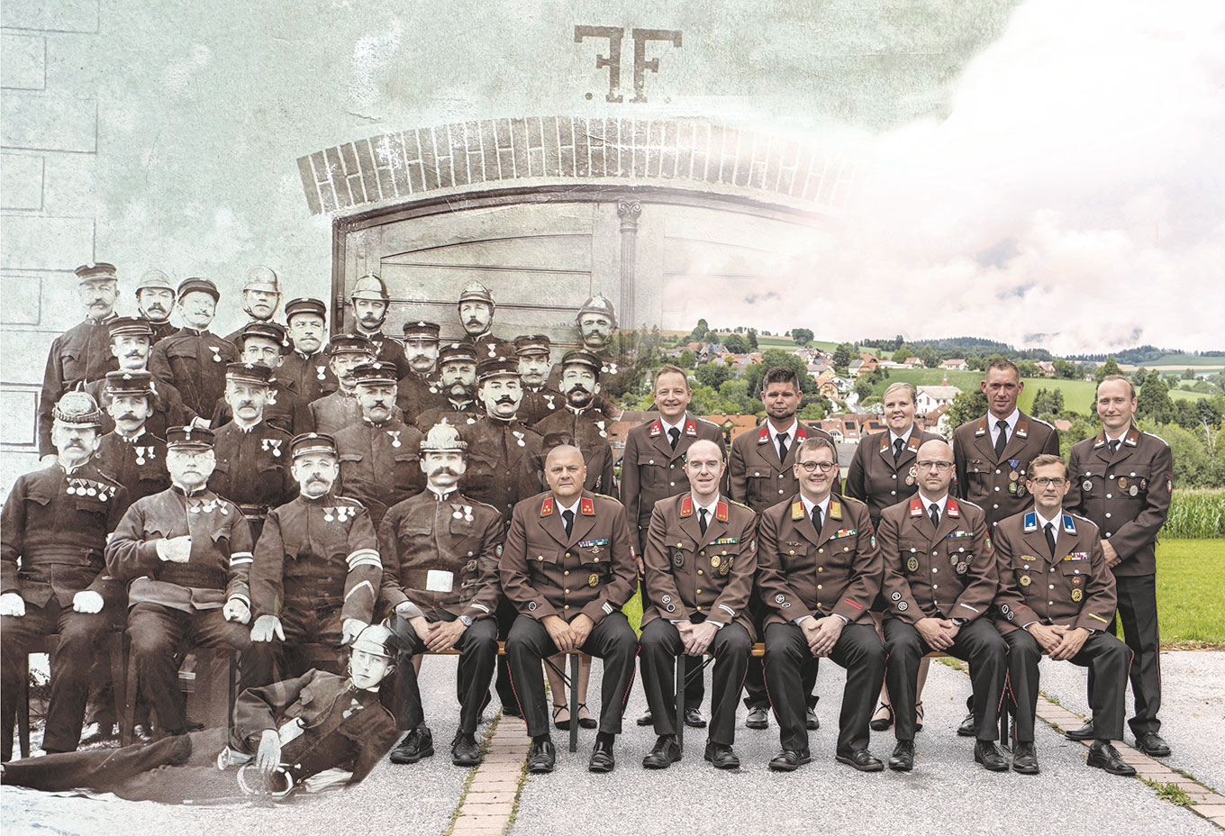 Verlauf Bild Feuerwehr Vorau - Links Vorstand vor 1876 - Rechts Vorstand 2026